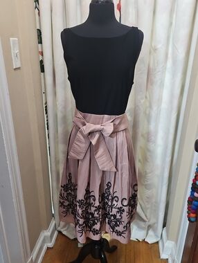 SLNY Dusty Pink Midi Dress with Black Sequins Embroudery and Wrap Waist Tie